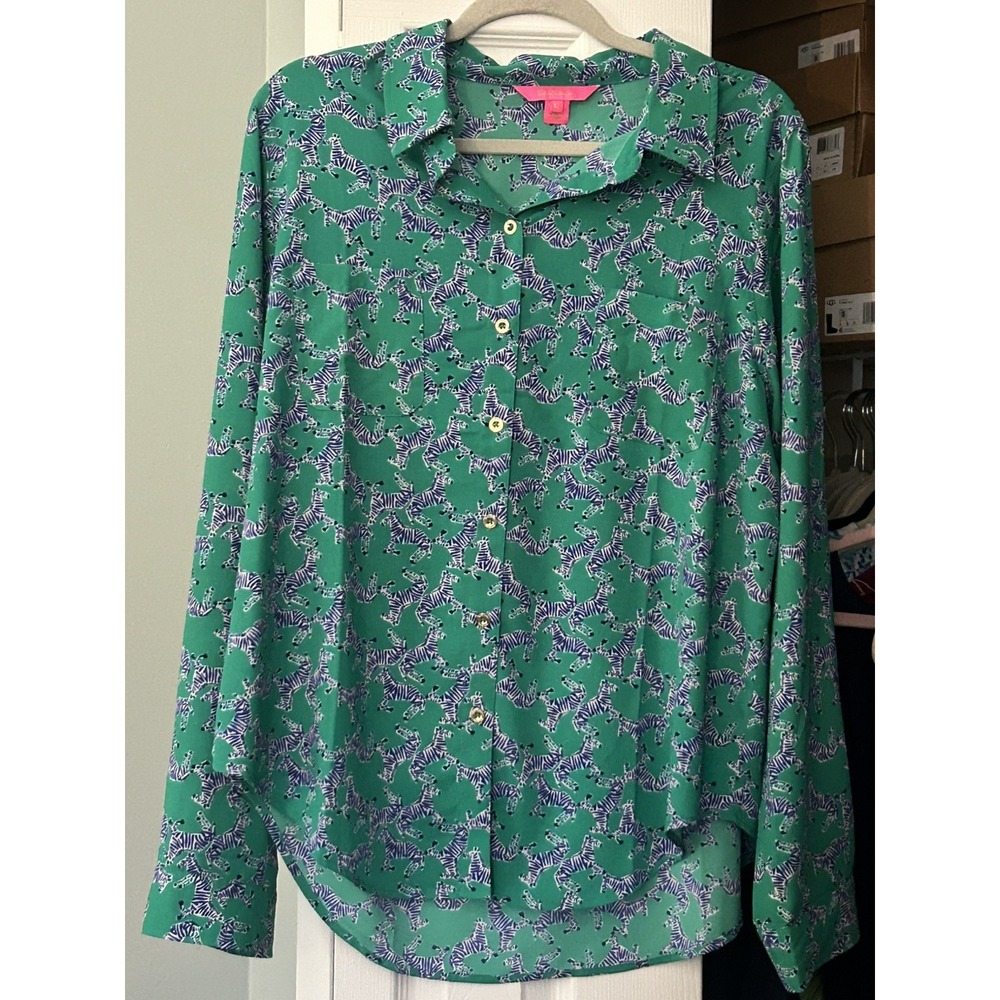 Lilly Pulitzer Zebra Heebee Zeebees Button Blouse XL Everglades Green Navy Boho